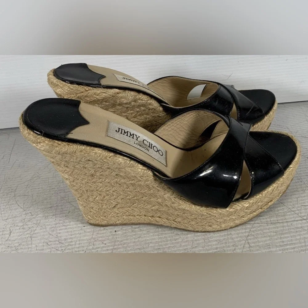 Jimmy Choo Black Patent Leather Espadrilles/ Sandals 8 Authentic